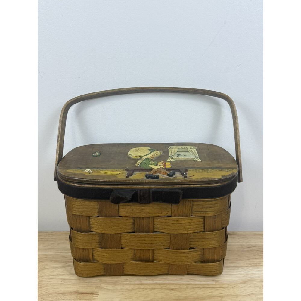 Vtg 60s Cottagecore Holly Hobbie Woven Picnic Basket Purse Decor Hand painted